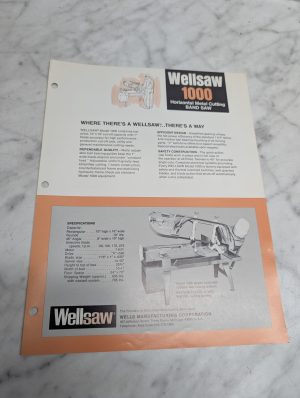 Wellsaw 1000 Horizontal Metal Cutting Band Saw Specifications Wells Sales Sheet