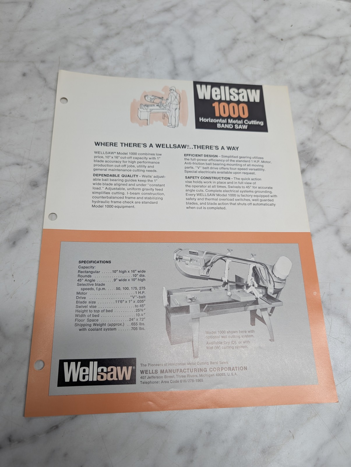 Wellsaw 1000 Horizontal Metal Cutting Band Saw Specifications Wells Sales Sheet