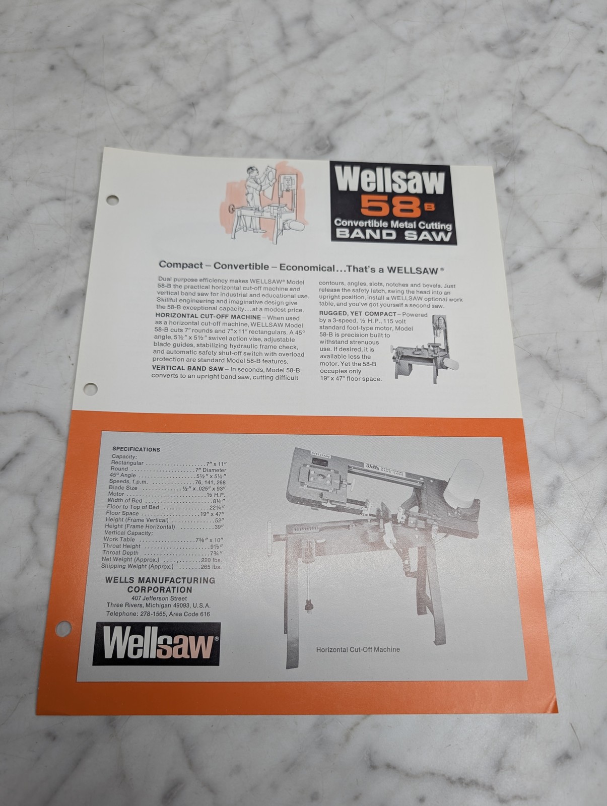 Wellsaw 58 B Convertible Metal Cutting Band Saw Model Sales Sheet Brochure