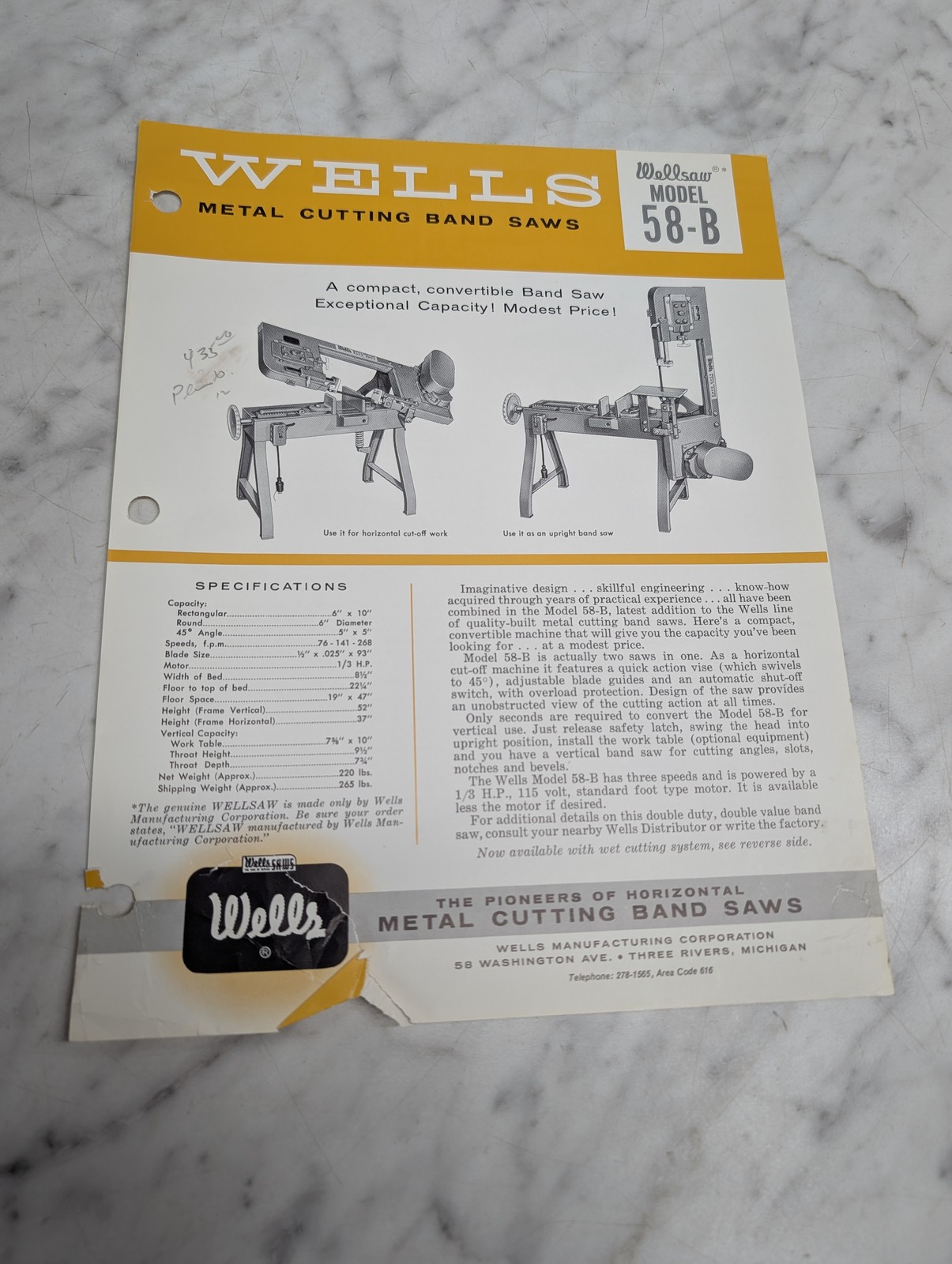 Wells Wellsaw Model 58-B Metal Cutting Band Saws Sales Brochure Sales Sheet