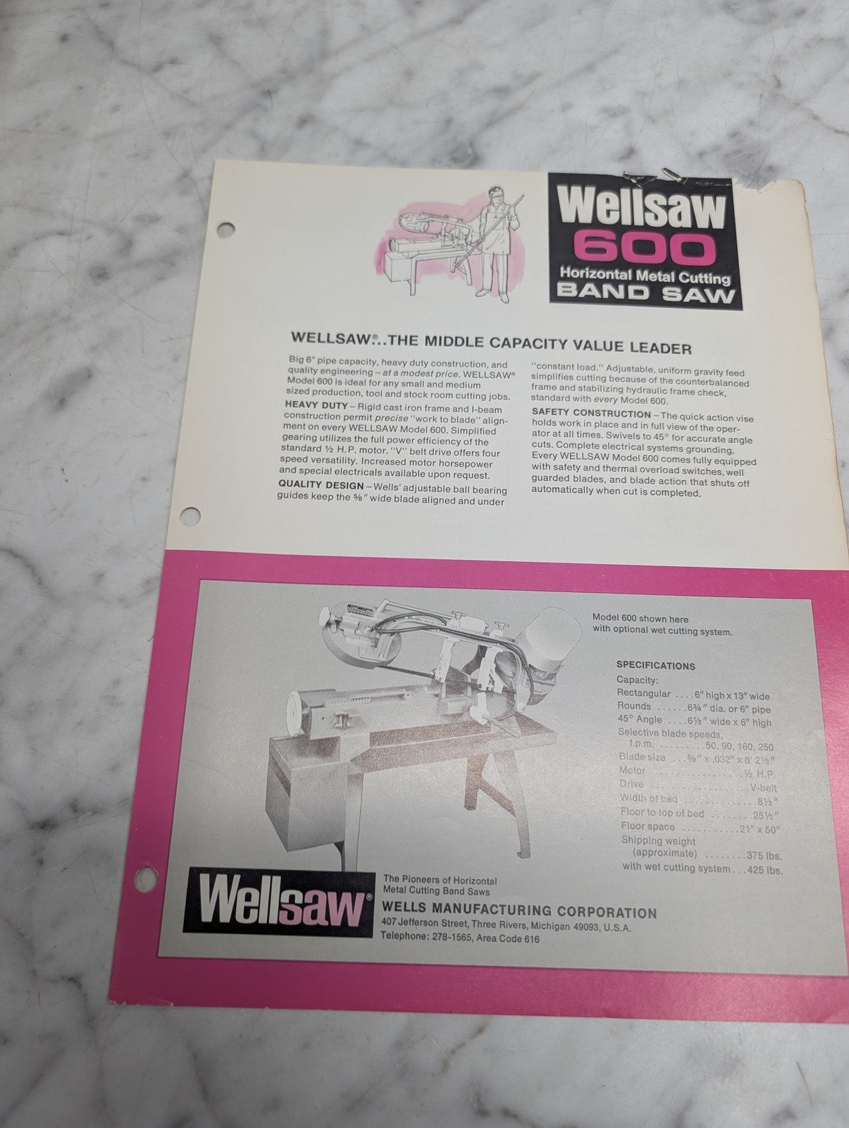 Wellsaw 600 Horizontal Metal Cutting Band Saw Brochure Sales Sheet