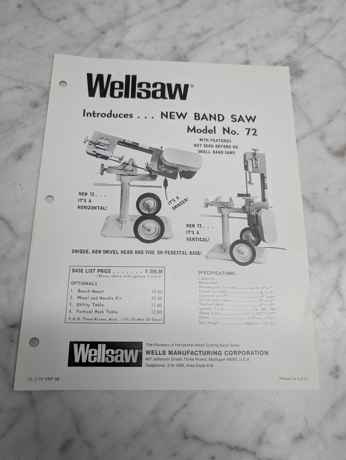 Wellsaw Model No 72 New Band Saw Wells Manufacturing 2 7 3 Sales Sheet