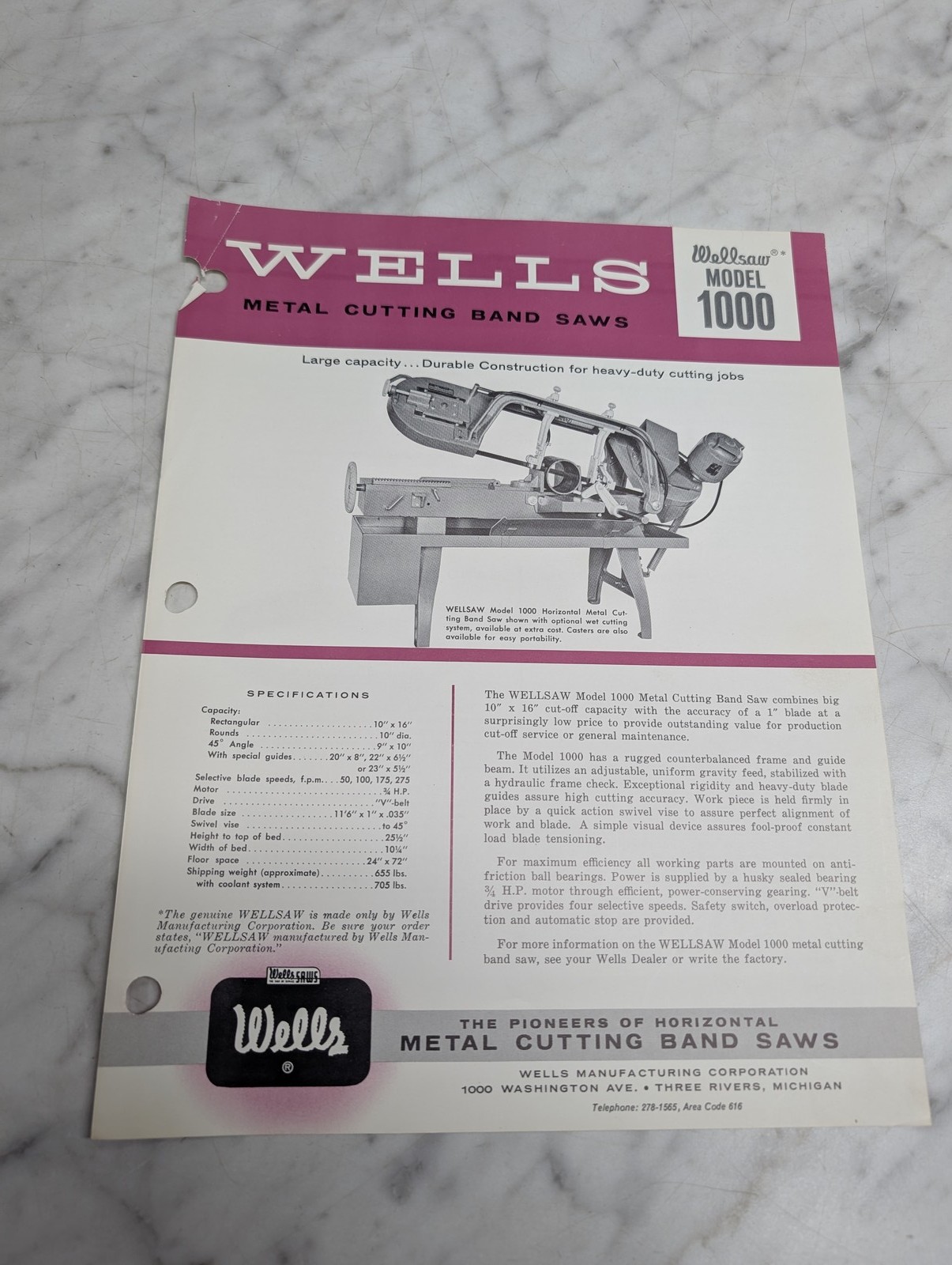 Wells Wellsaw Model 1000 Metal Cutting Band Saws Specifications Sales Sheet