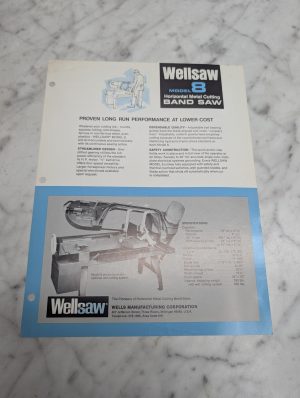 Wellsaw Model 8 Horizontal Metal Cutting Band Saw Specifications Sales Sheet