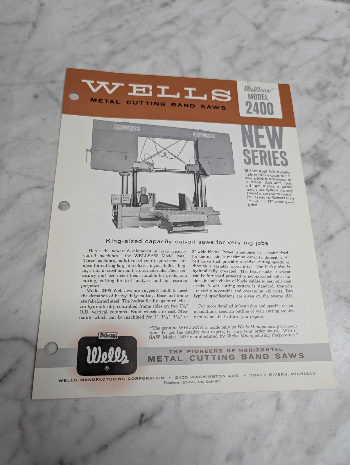 Wells Wellsaw Model 2400 Metal Cutting Band Saws New Series Sales Sheet
