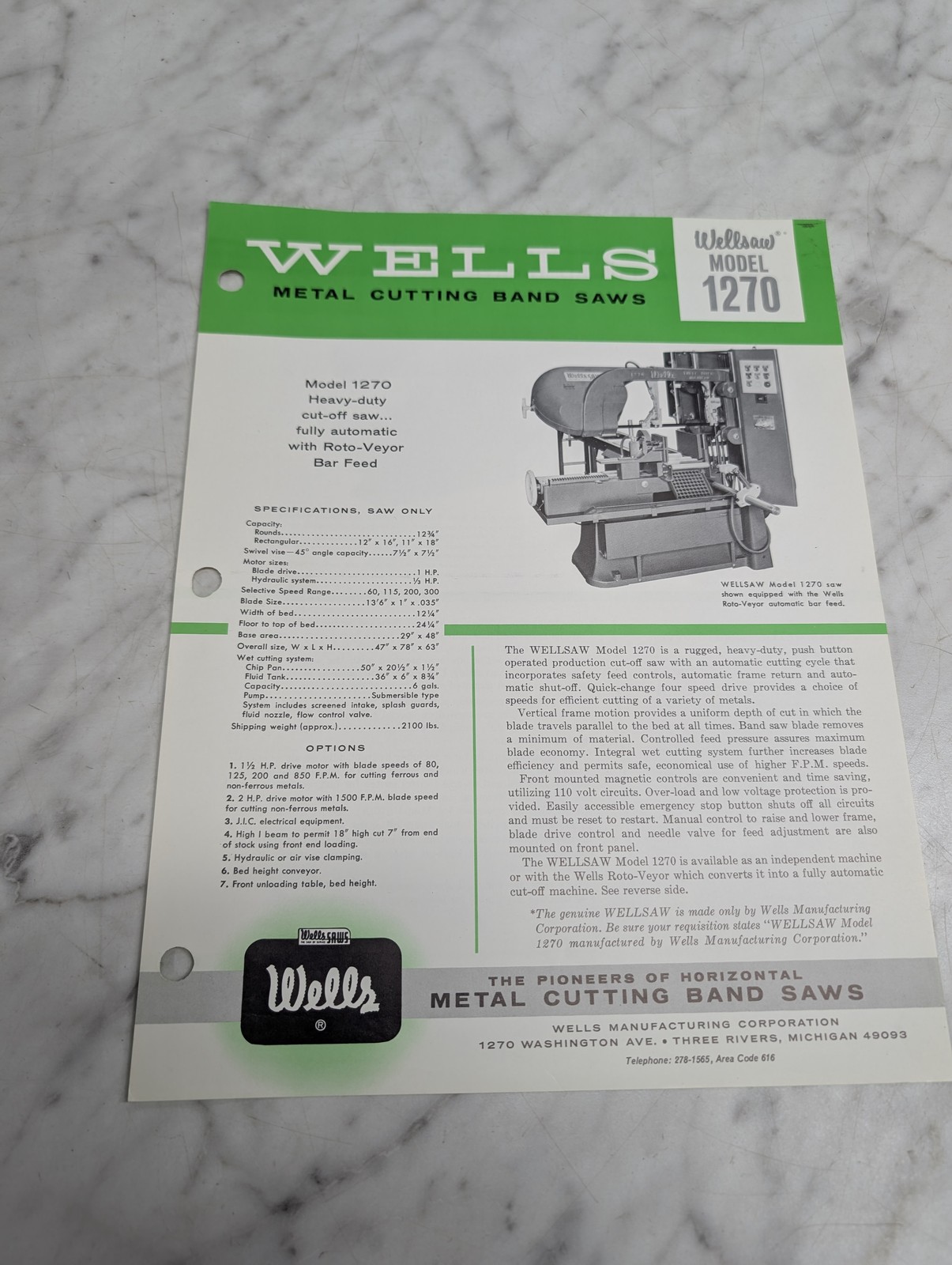 Wells Wellsaw Model 1270 Heavy Duty Cut Off Saw Automatic Roto Veyor Sales Sheet