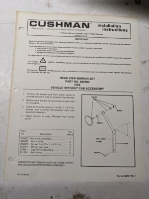 Cushman Installation Instructions Parts Manual Rear View Mirror Set 885903