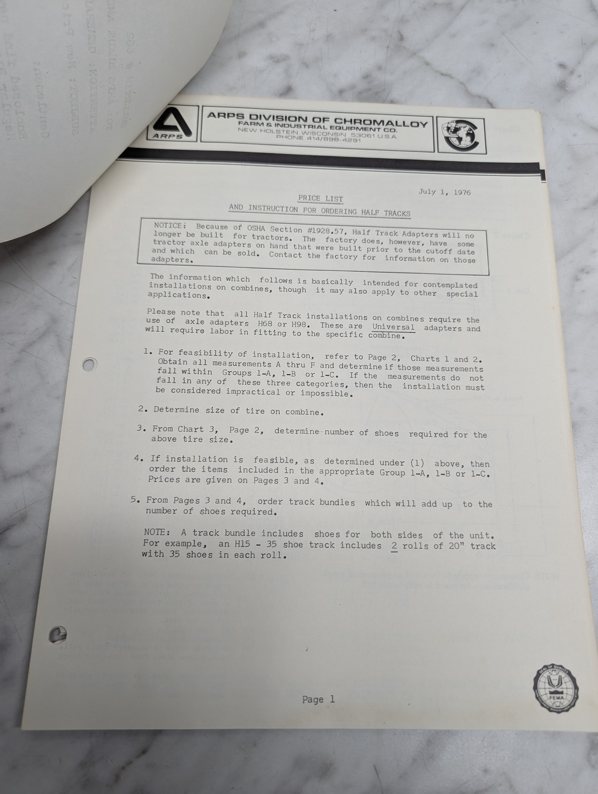 Wisconsin Arps Price List And Instruction For Ordering Half Tracks July 1 1976