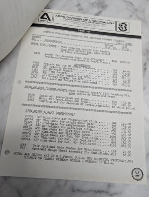 Arps Price List Johnson Work-Horse Jacobsen Compact Tractors July 1 1976