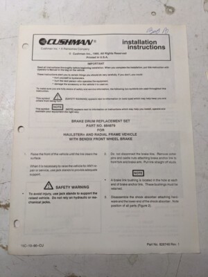 Cushman Installation Instructions Manual Brake Drum Replacement Set 884879