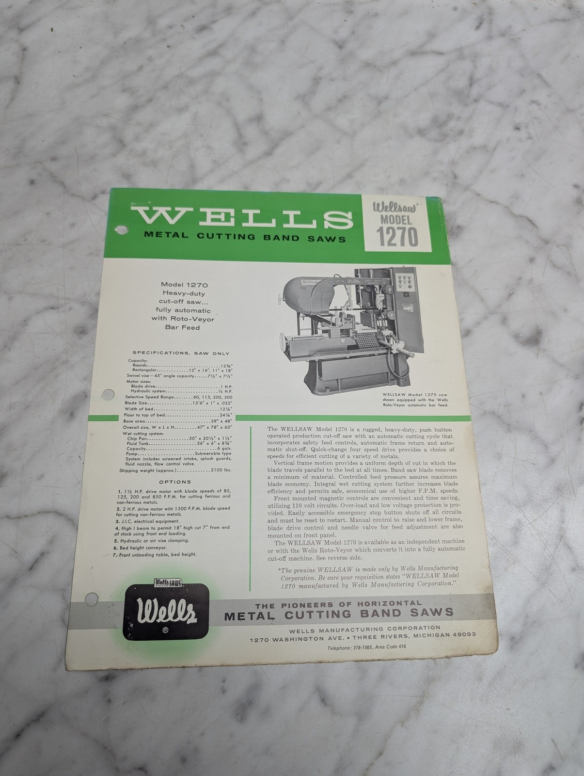 Wellsaw Model 1270 Metal Cutting Band Saws Specifications Saw Sales Brochure