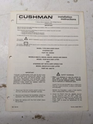 Cushman Installation Instructions Parts Manual Steering Set 885009 1985