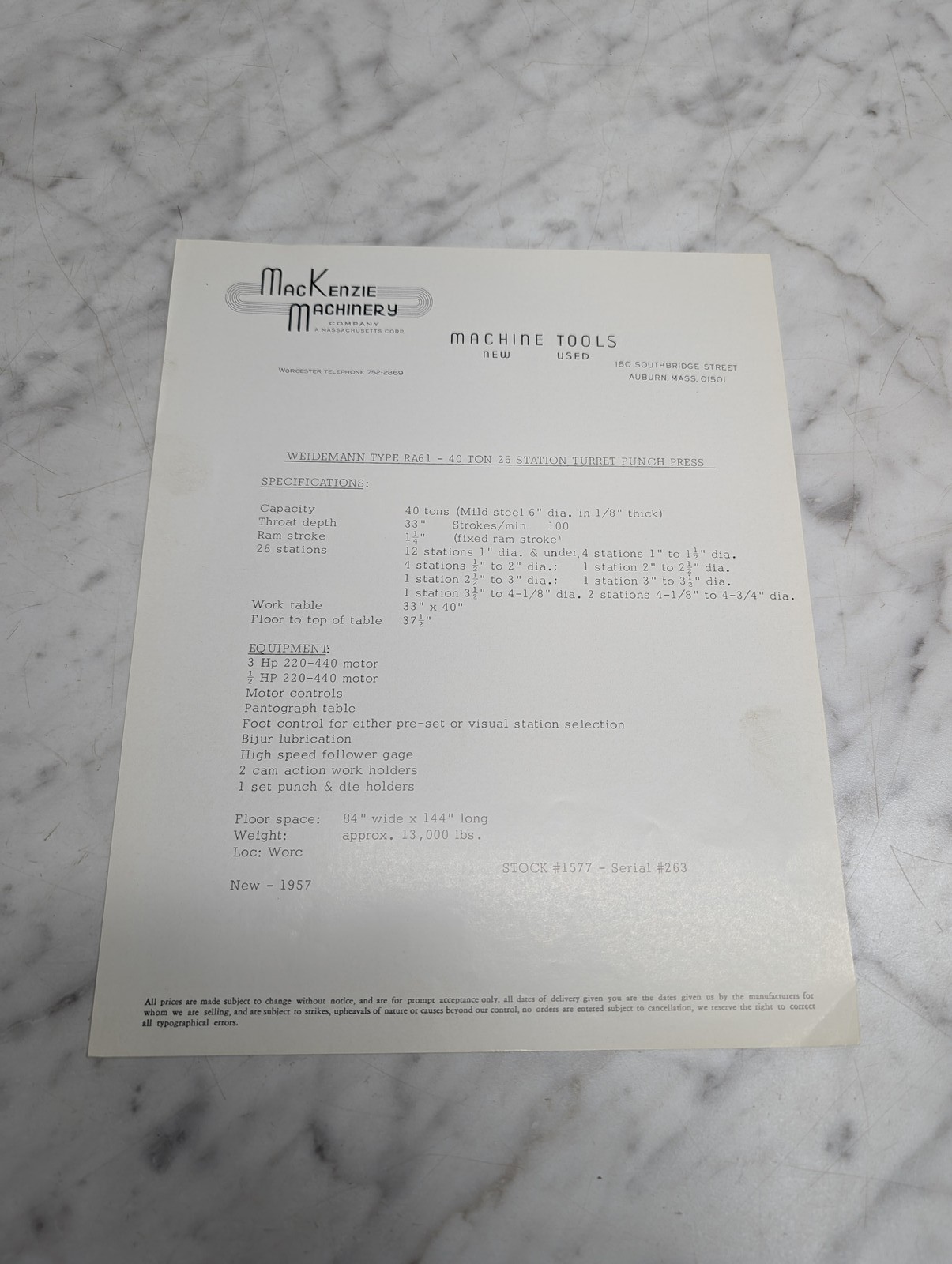 Mackenzie Weidemann Type Ra61 40 Ton 26 Station Turret Punch Press New 1957