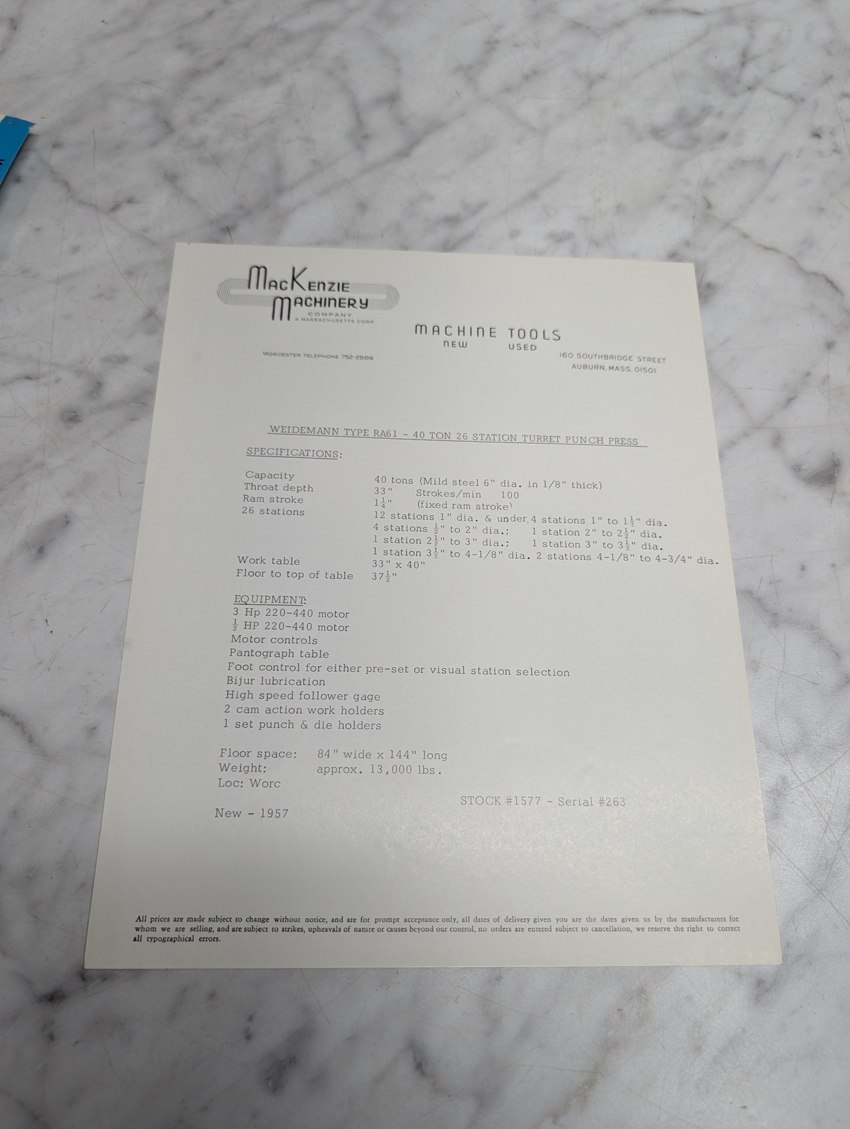 Mackenzie Machinery Weidemann Type Ra61 40 Ton 26 Station Punch Press 1957