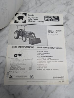 John Deere B400 Loader Model 30 850 950 Tractors Specifications 60 55 6 A