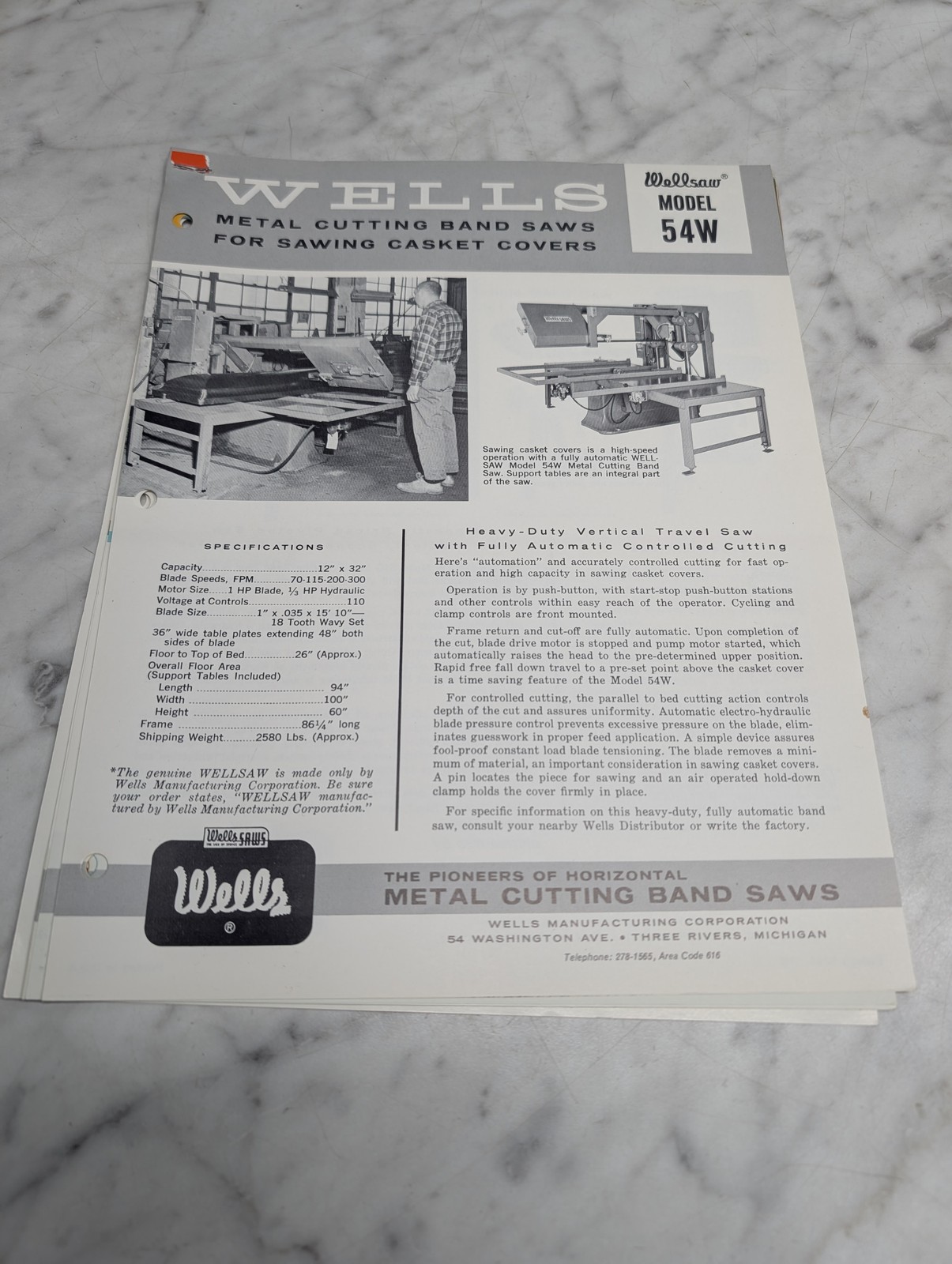 Wells Wellsaw Model 54W Metal Cutting Band Saws Specifications Sales Literature