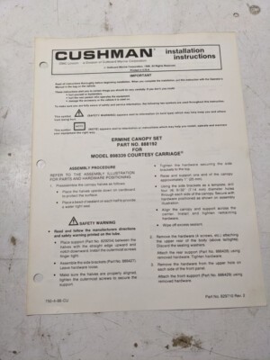 Cushman Installation Instructions Canopy Set 888192 898339 1988 Parts List