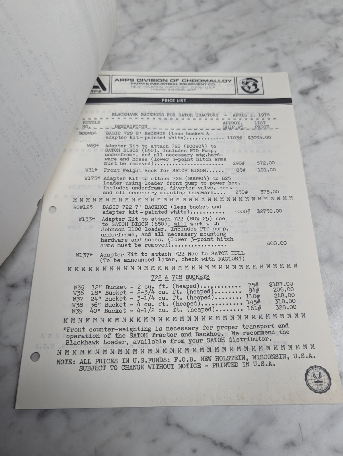 White Arps Blackhawk Backhoes Satoh Tractors Price List April 1 1978 Book