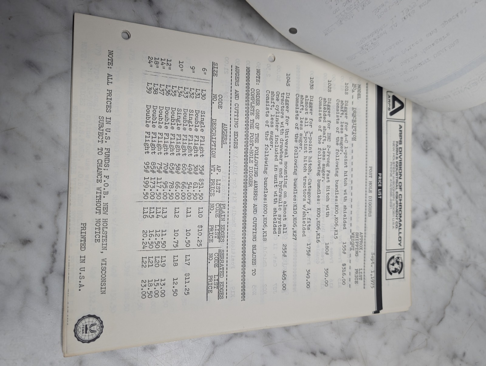 Wisconsin Apps Division Of Chromalloy Post Hole Diggers Price List Sept 1 1975