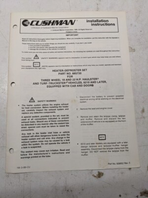 Cushman Installation Instructions Manual Heater Defrost Set 885730 Parts List