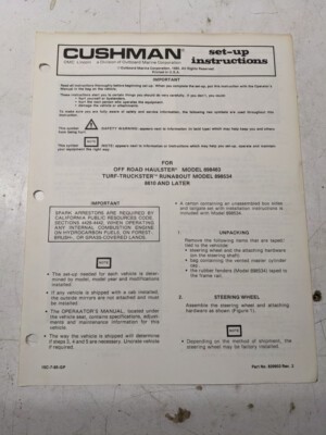 Cushman Set Up Instructions Manual Haulster Truckster 898463 898534 8610 1985