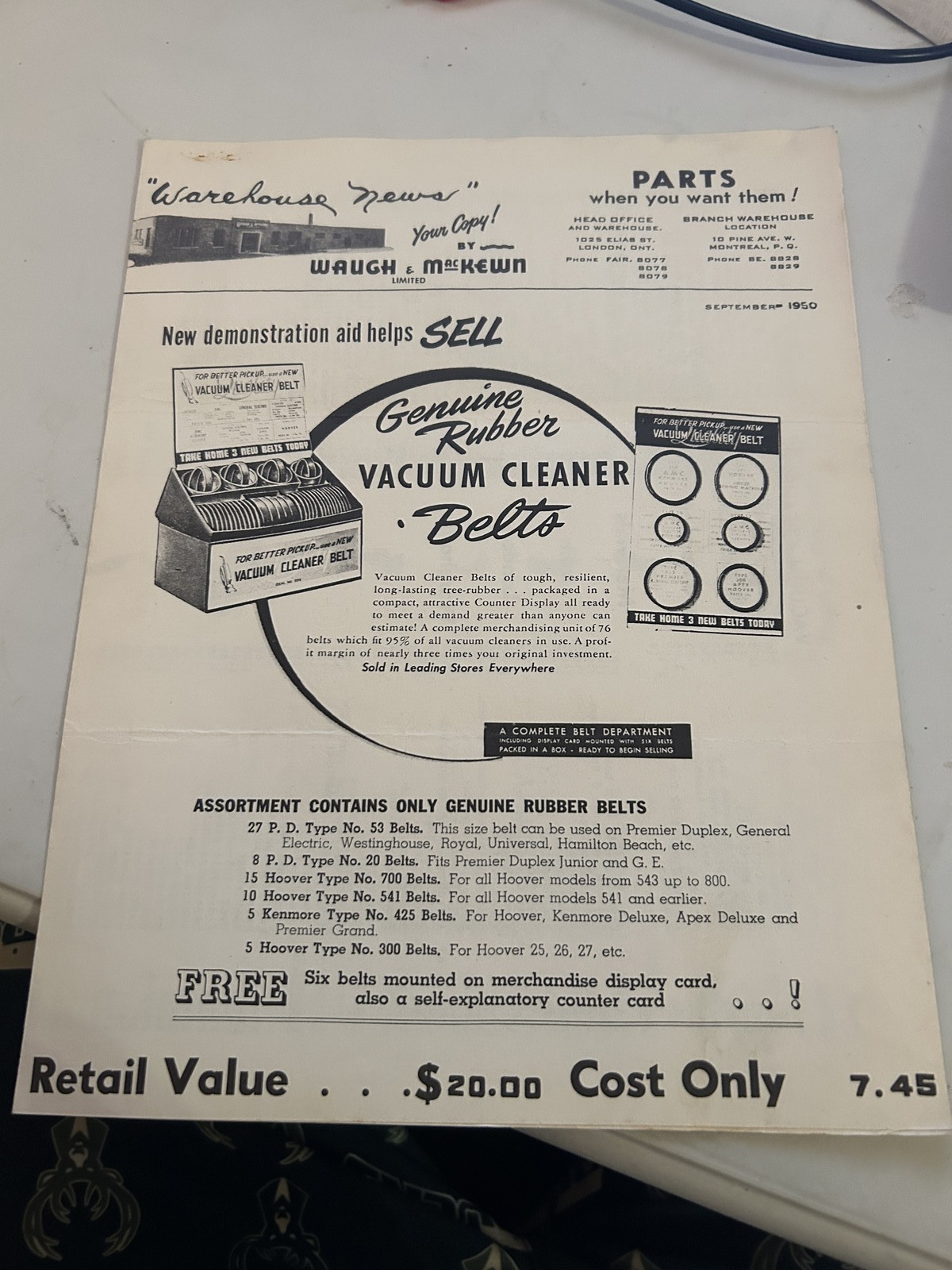 Waugh And Mackewn Genuine Rubber Vacumn Cleaner Belts Display Case