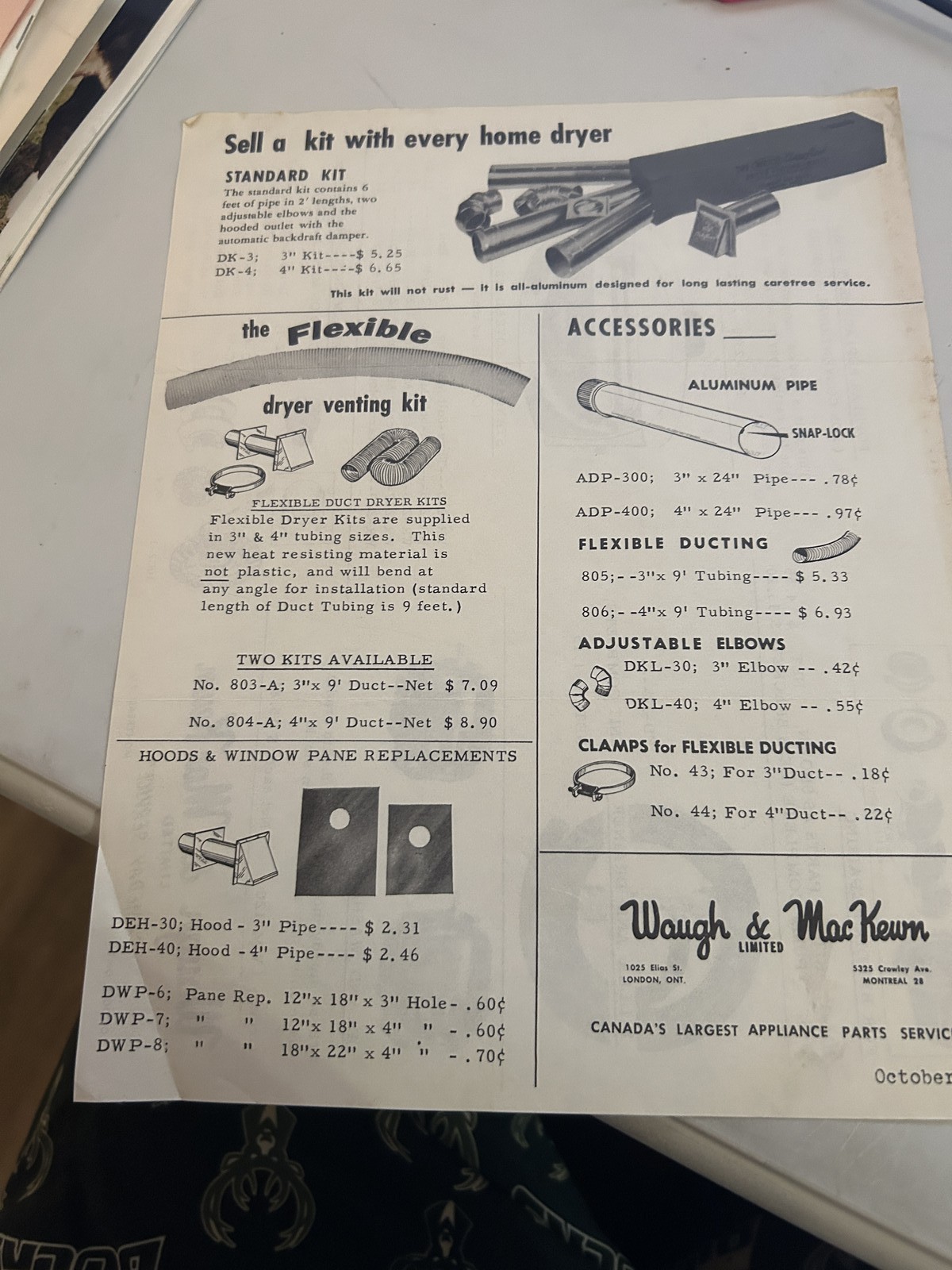 Waugh And Mackewn Dryer Venting Kits Accesories Brochure Parts List Price