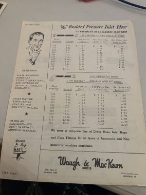 Waugh And Mackewn 3/8 Braided Pressure Inlet Hose Laundry Price Sheet 1958