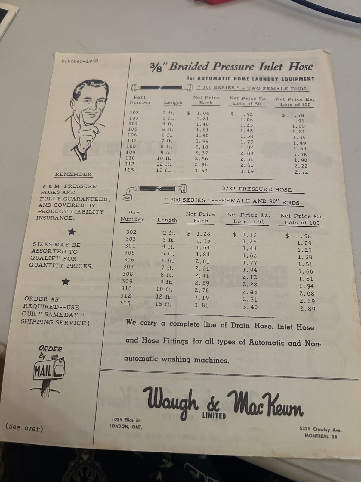 Waugh And Mackewn 3/8 Braided Pressure Inlet Hose Laundry Price Sheet 1958
