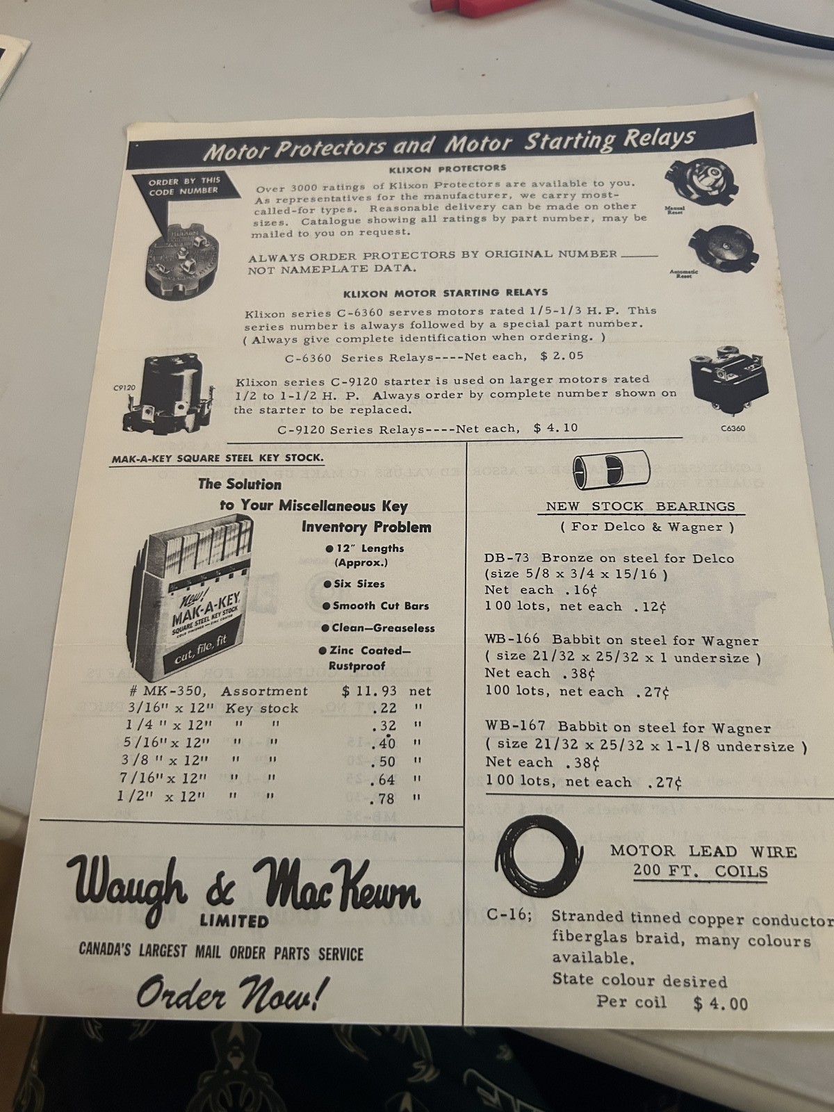 Waugh And Mackewn Motor Protectors Motor Starting Relays Price Part List