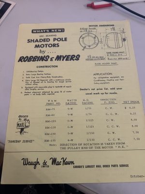 Waugh And Mackewn Uni-Bearing Shaded Motors Robbins Myers Price Parts List