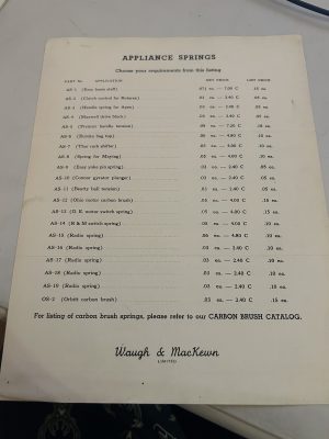Waugh And Mackewn Appliance Springs Price List Parts Sheet Assortment