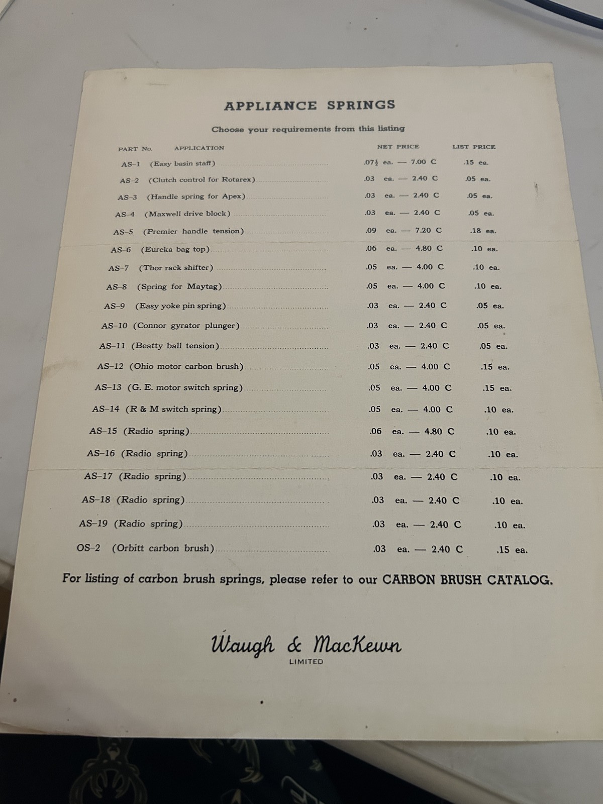 Waugh And Mackewn Appliance Springs Price List Parts Sheet Assortment