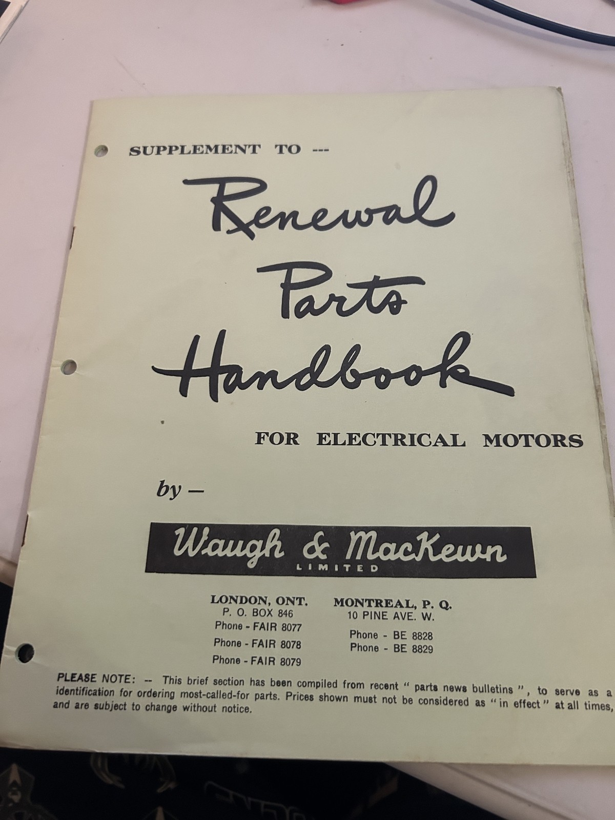 Waugh And Mackewn Renewal Parts Handbook Electrical Motors Price Sheet