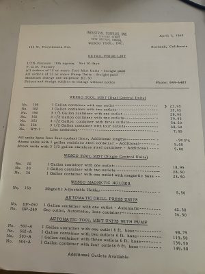 Wesco Tool Inc. Retail Parts Price List Mist Dual Control Units 1963