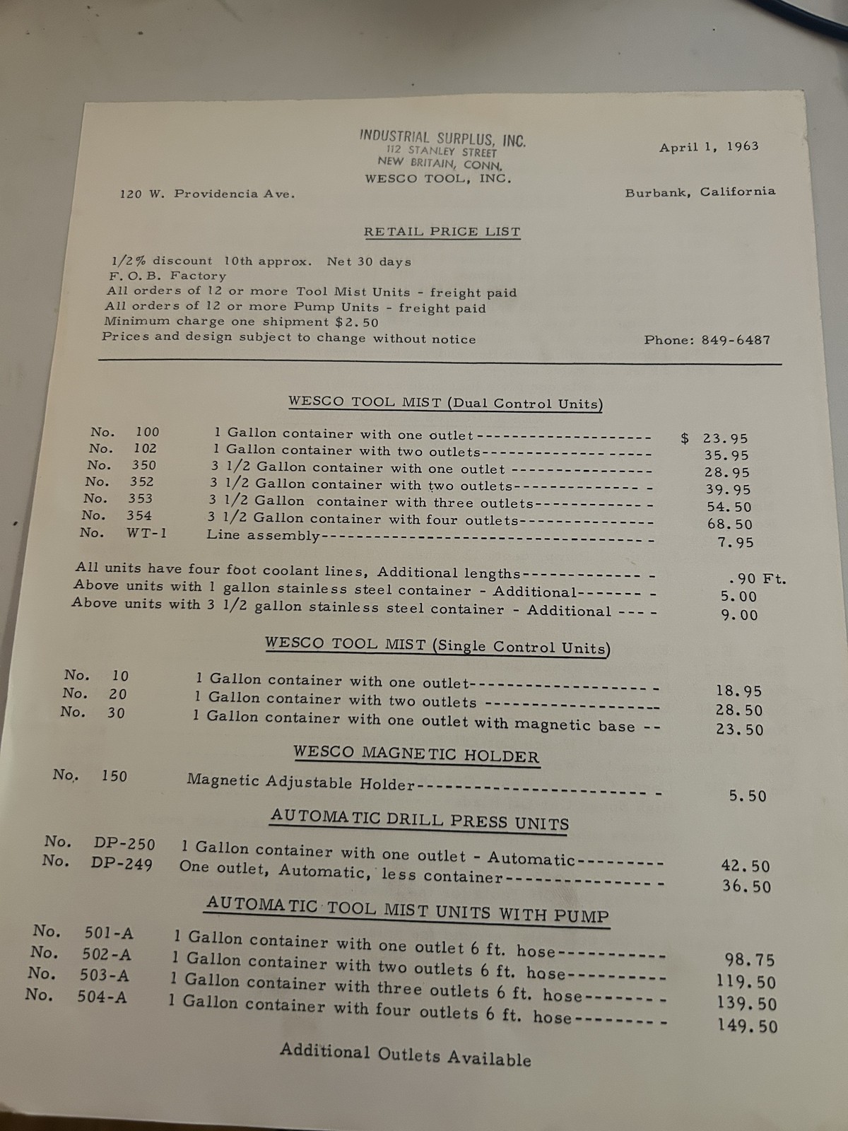 Wesco Tool Inc. Retail Parts Price List Mist Dual Control Units 1963