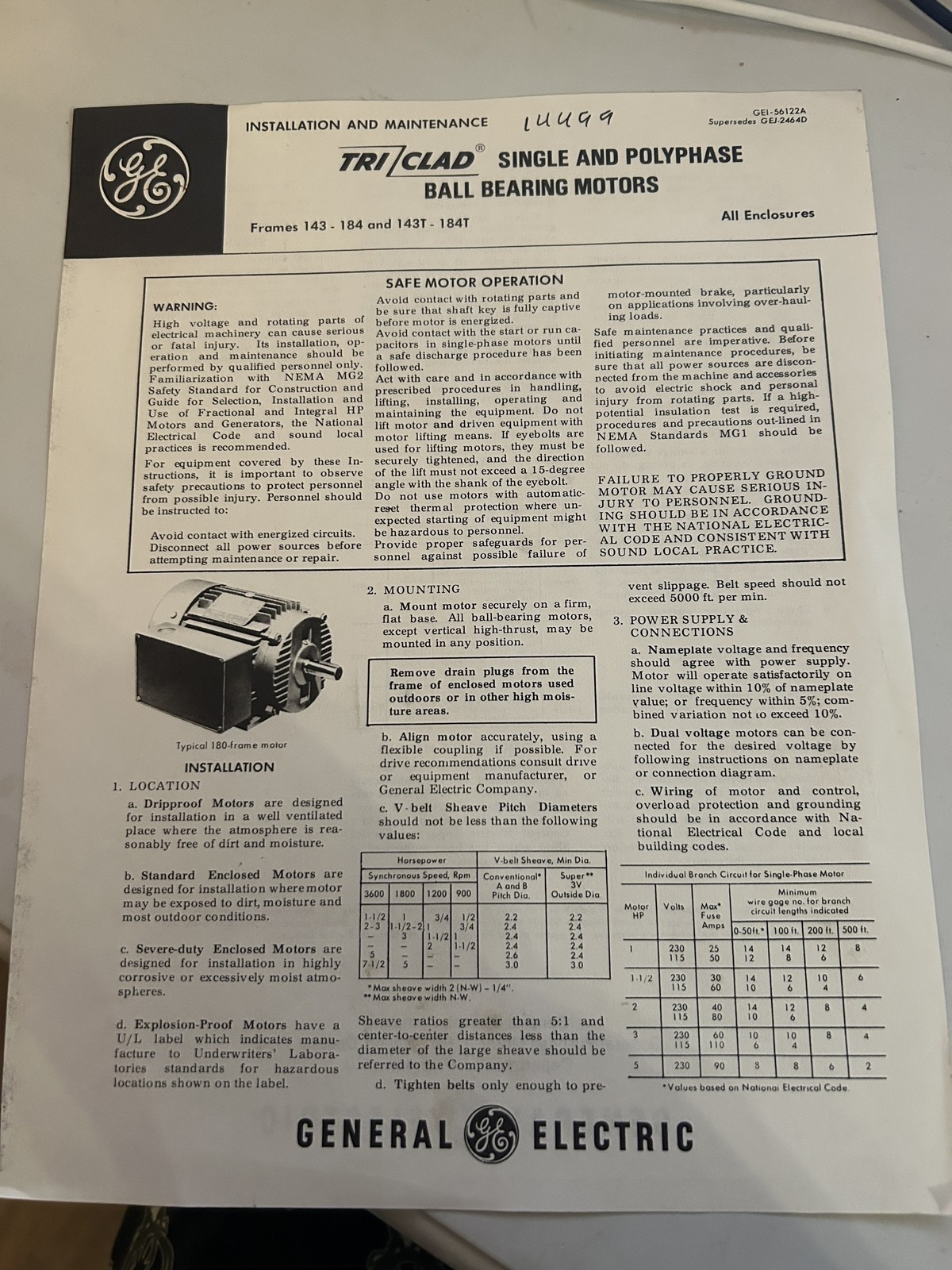Triclad Single Polyphase Ball Bearing Motors Service Instructions