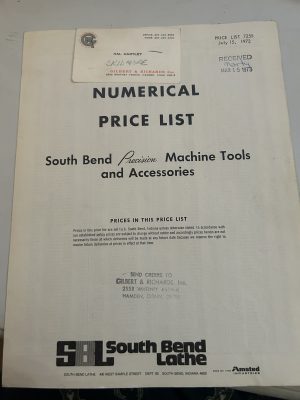 South Bend Lathe Numerical Price List South Bend Precision Machine Tools 1972