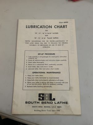 South Bend Lathe Lubriation Chart 10 13 16 16-24 6503 10 13 16 Turret