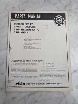 Ariens Parts List Manual 929000 Lawn Tractor 929001 929002 829002 Pm-29-77