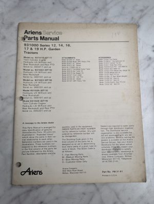 Ariens Parts List Manual 931000 Garden Tractors Gt 17 14 16 12 19 Pm-31-81 Hp