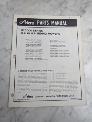 Ariens Parts List Manual 925000 Riding Mower Pm-25-79 8 & 10 Hp