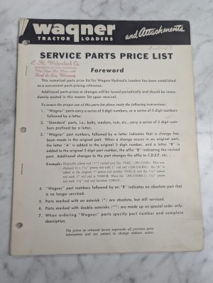 Wagner Tractor Loader Service Parts Price List Dec 1952 Sales Liturature
