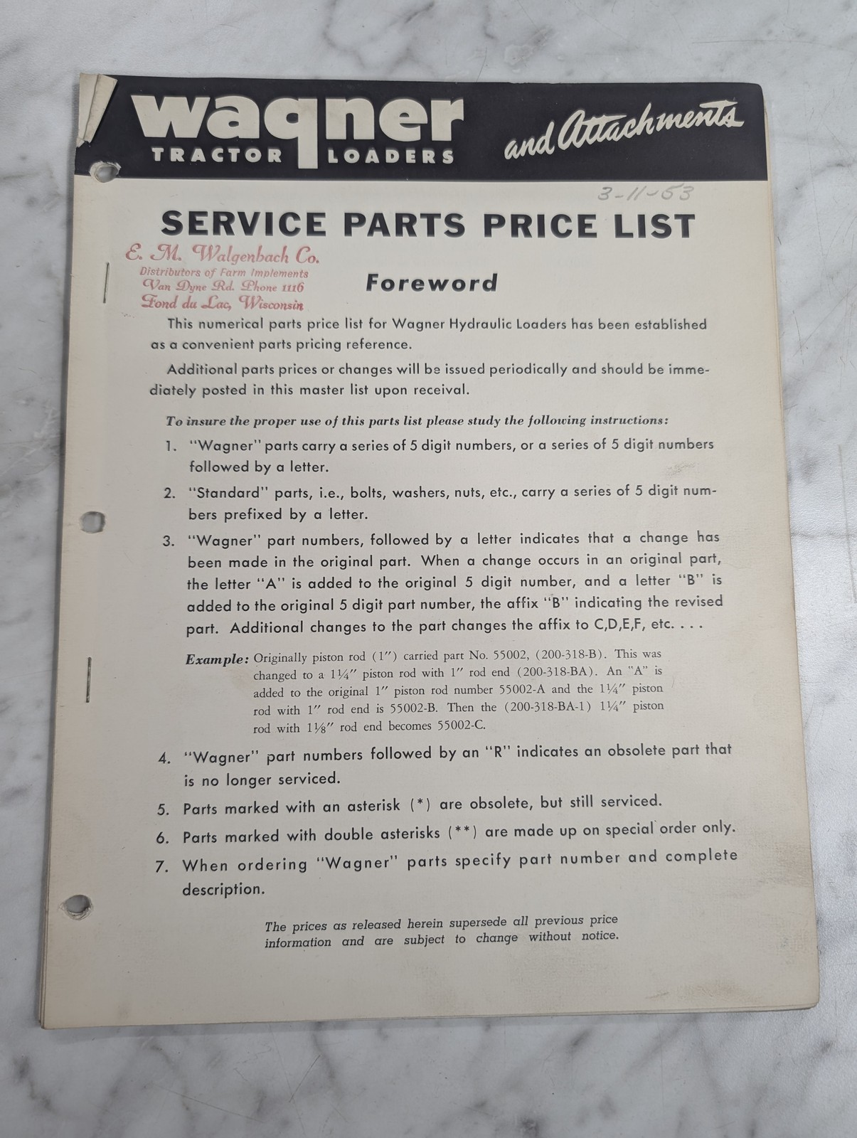 Wagner Tractor Loader Service Parts Price List Dec 1952 Sales Liturature