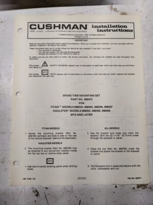 Cushman Installation Instructions Manual Spare Tire Mounting Set 886470 1983