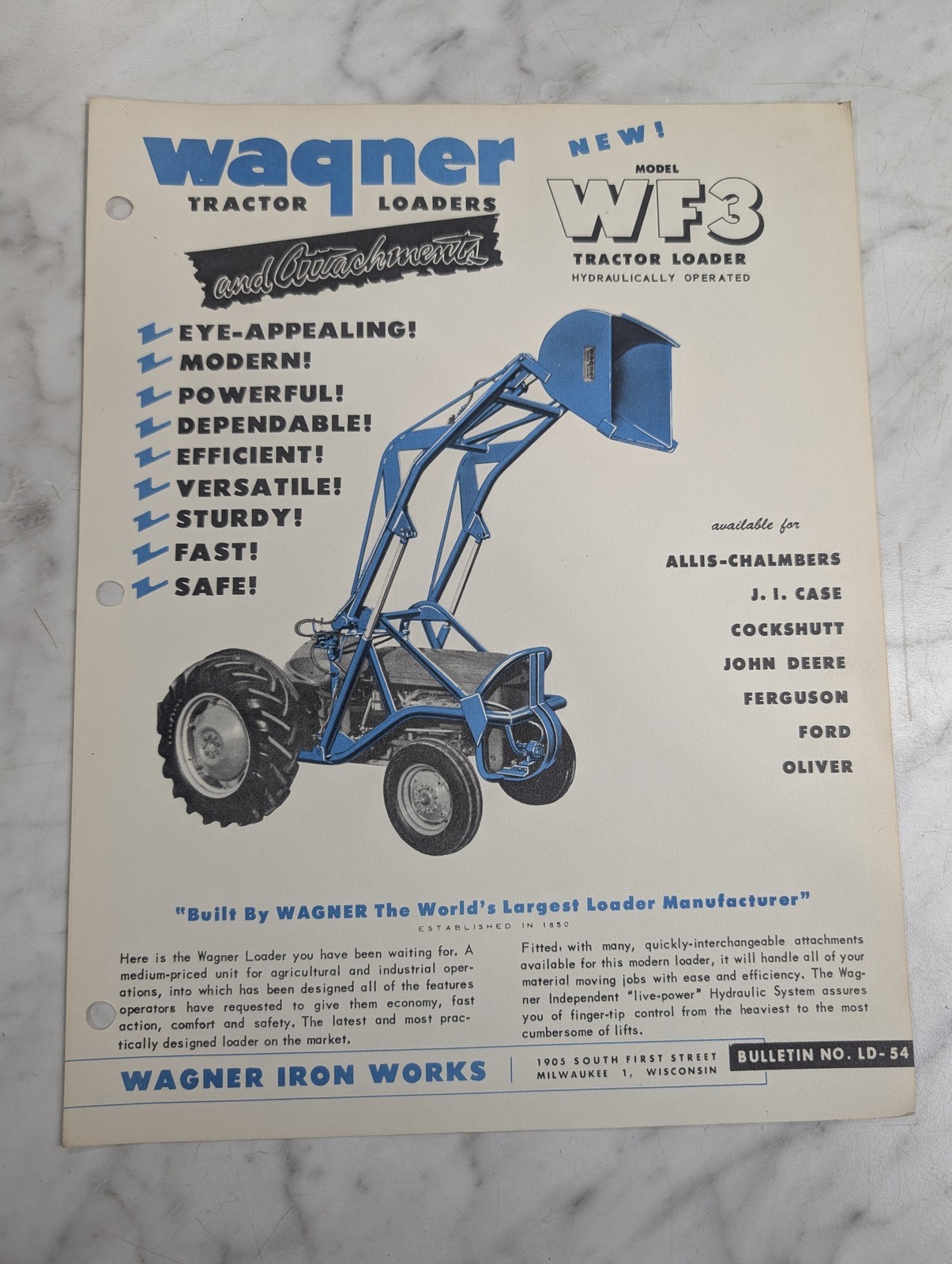 Wagner Tractor Loaders Sales Brochure Literature Model Wf3 Ld-54 Attachment