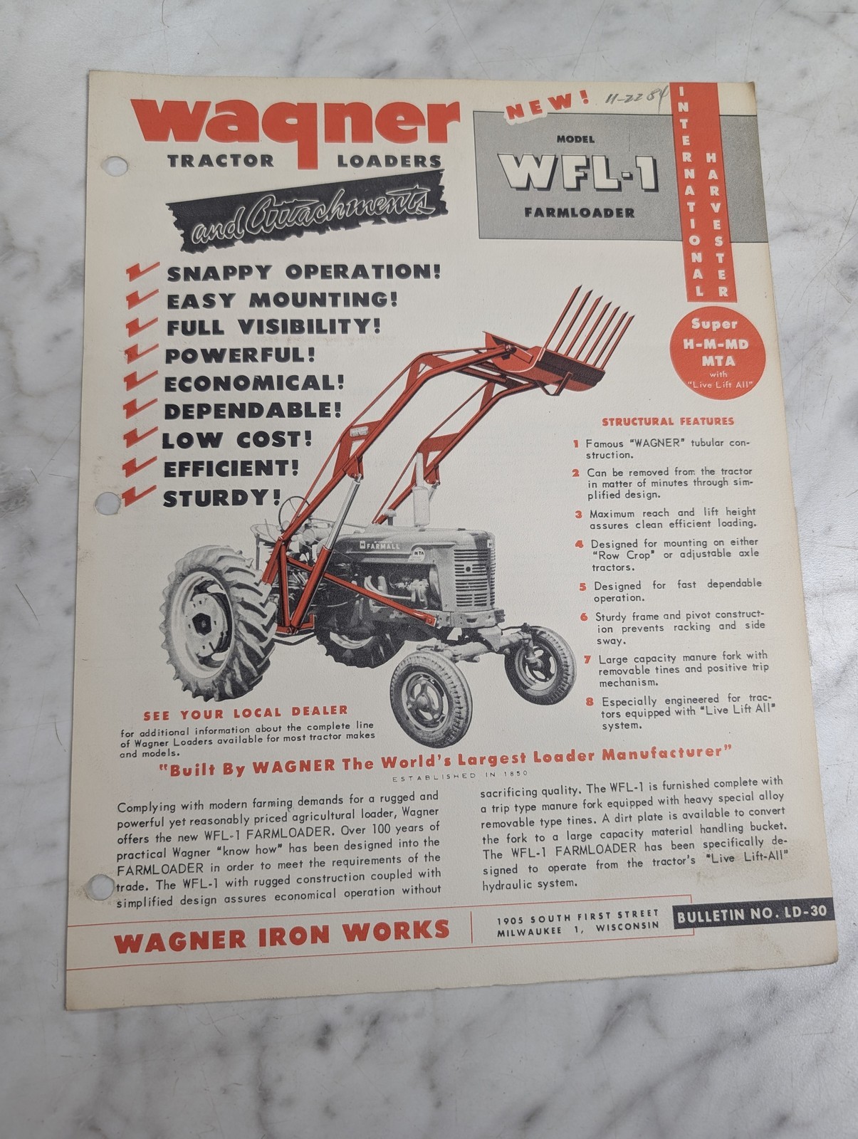 Wagner Tractor Loaders Sales Brochure Literature Model Wfl-1 Ld-30 Attachment