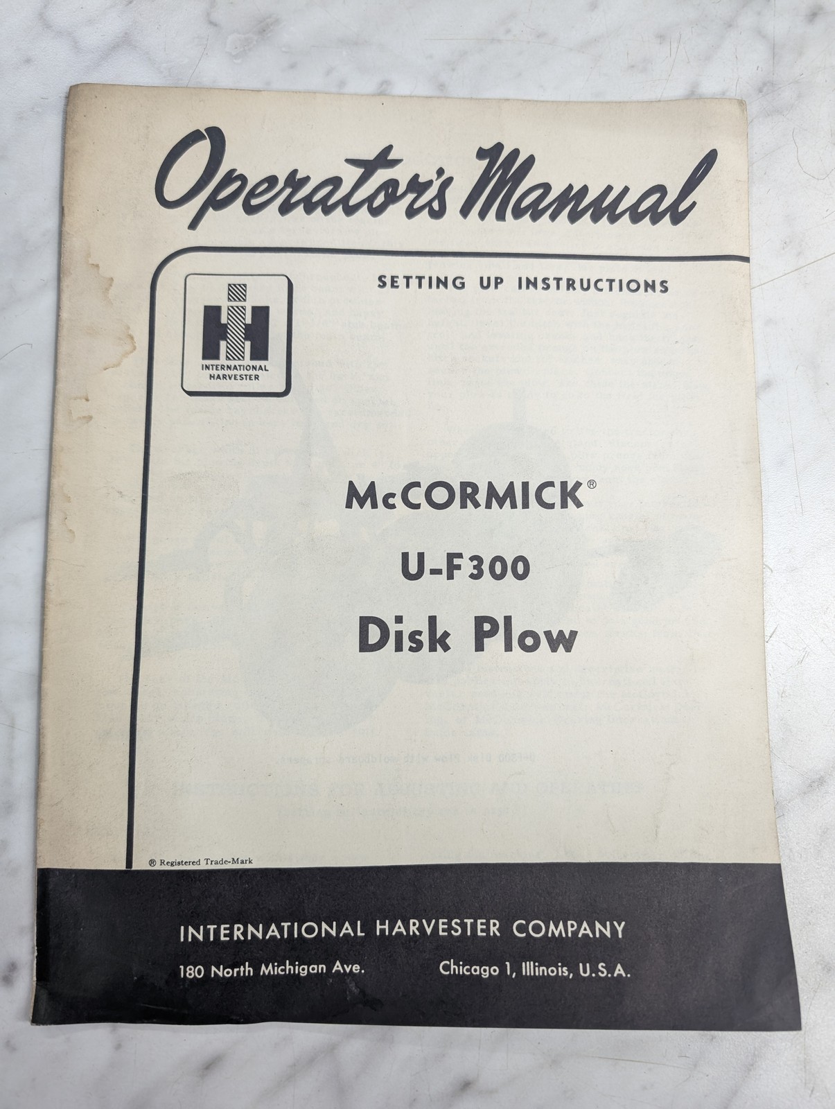 International Harvester Ih Operator'S Setup Manual Mccormick U-F300 Disk Plow