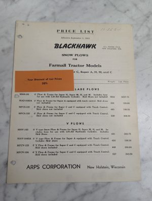 Arps Blackhawk Product Price List Snow Plows Farmall Tractors Sales Literature