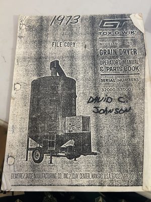 1973 Gt Tox-O-Wik Model 37Grain Dryer Operators Manualparts Book